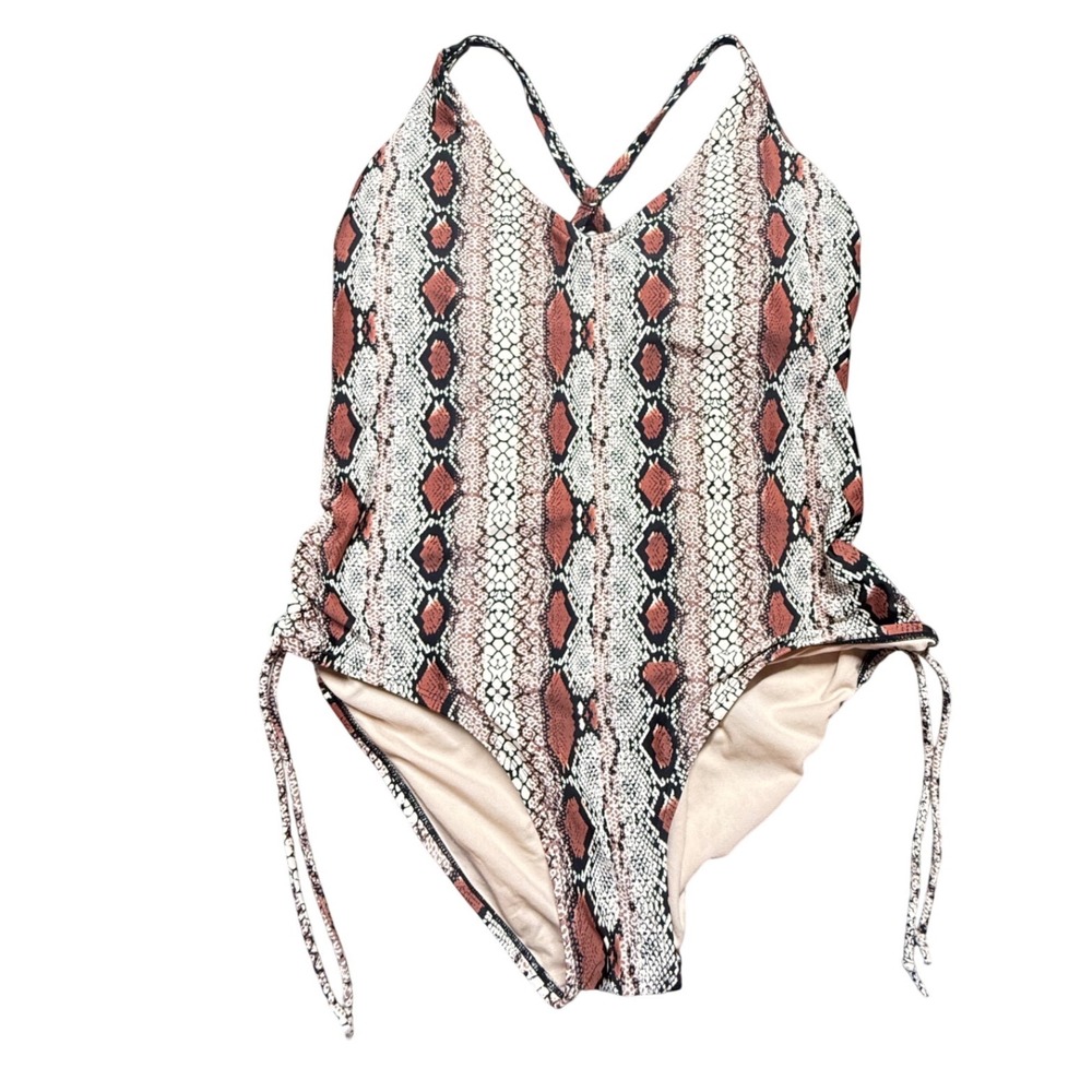 Kona Sol XL One Piece Swimsuit Snake Print Ruched Side Tie Cross Back